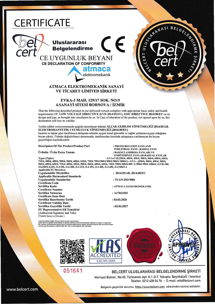 Atmaca Fan Atmaca Elektromekanik CE Uygunluk Beyanı Sertifikası