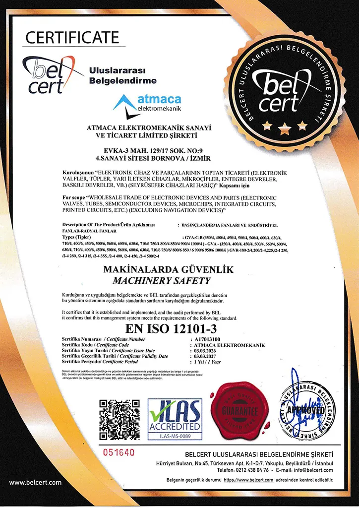 Atmaca Fan Atmaca Elektromekanik Makinalarda Güvenlik En Iso 12101 3 Sertifikası