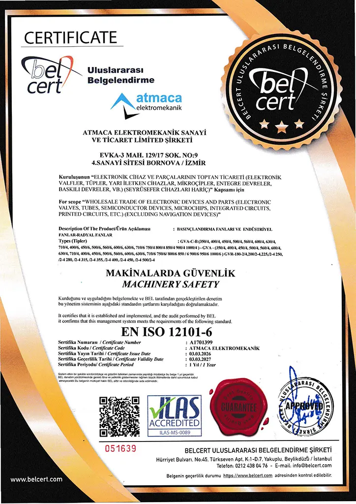 Atmaca Fan Atmaca Elektromekanik Makinalarda Güvenlik En Iso 12101 6 Sertifikası