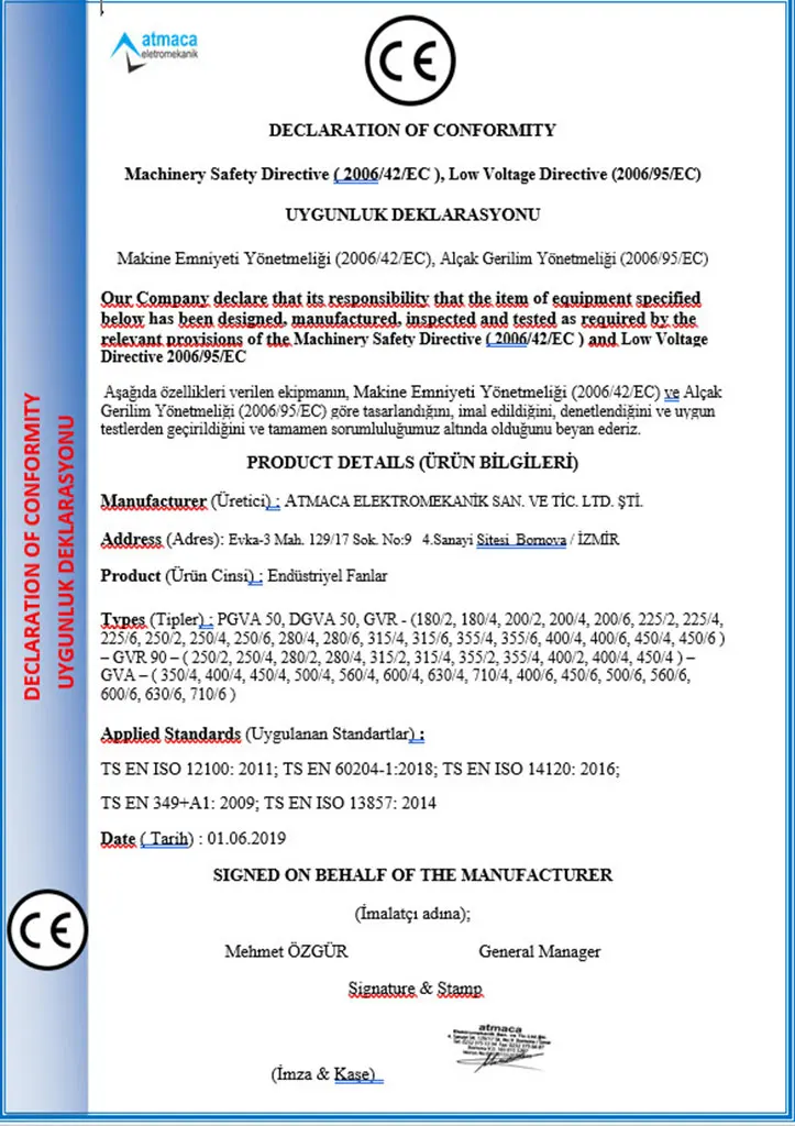 Atmaca Fan Atmaca Elektromekanik CE Uygunluk Deklarasyonu Sertifikası