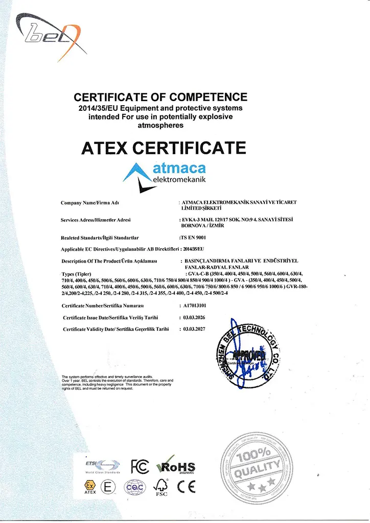 Atmaca Fan Atmaca Elektromekanik Atex Sertifikası